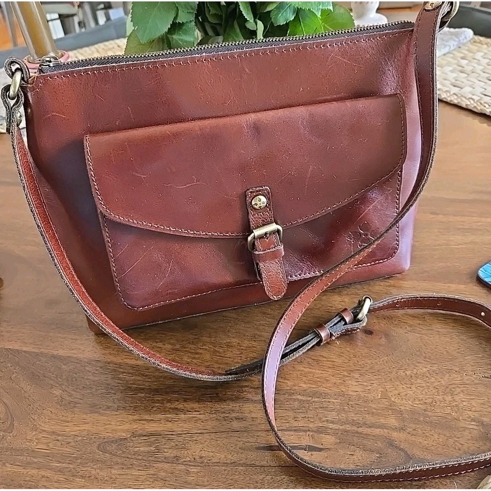 VTG PATRICIA NASH Kirby Leather Front Pocket Large Crossbody Bag Brown VGUC